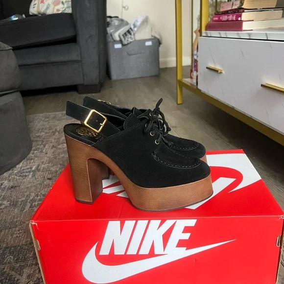 NWOT Vince Camuto Inerta Leather High Heel Platform Slingback Black Clog - Picture 1 of 7